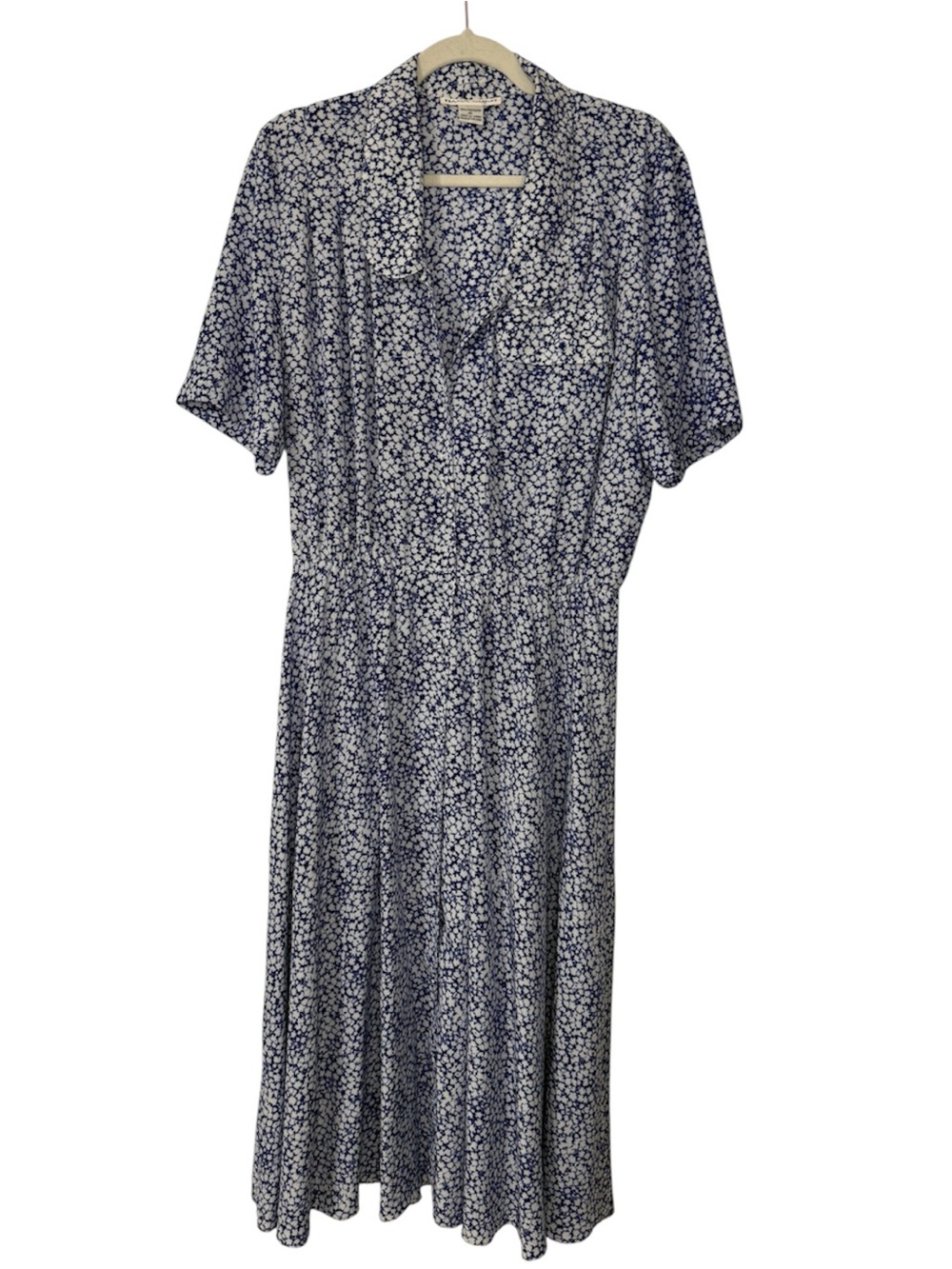 Vintage Hana Sung Navy Floral Button-Front Midi Dress with Elastic Waist